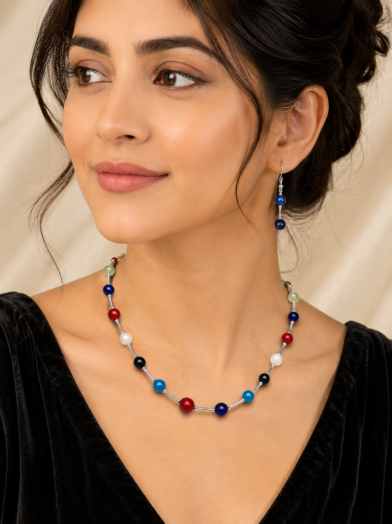 Multicolour beaded necklace and earrings set, silver-tone chain, casual boho style
