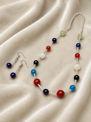 Multicolour beaded necklace and earrings set, silver-tone chain, casual boho style 1