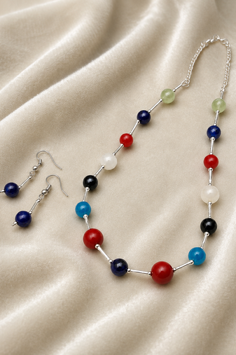 Multicolour beaded necklace and earrings set, silver-tone chain, casual boho style