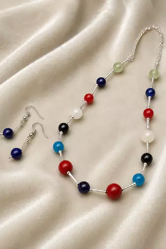 Multicolour beaded necklace and earrings set, silver-tone chain, casual boho style
