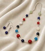 Multicolour beaded necklace and earrings set, silver-tone chain, casual boho style