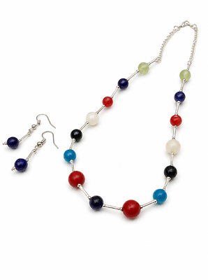 Multicolour beaded necklace and earrings set, silver-tone chain, casual boho style 3