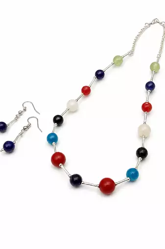 Multicolour beaded necklace and earrings set, silver-tone chain, casual boho style