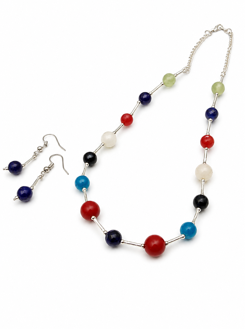 Multicolour beaded necklace and earrings set, silver-tone chain, casual boho style