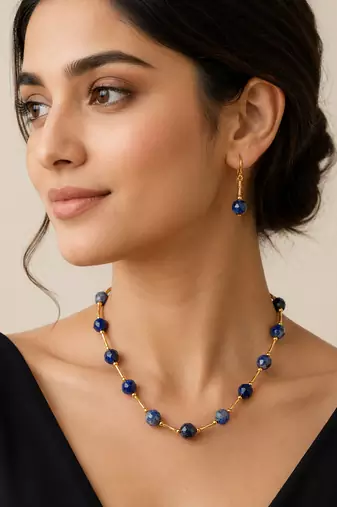 Sodalite beaded necklace and earring set, blue, faceted stone beads with gold-tone accents