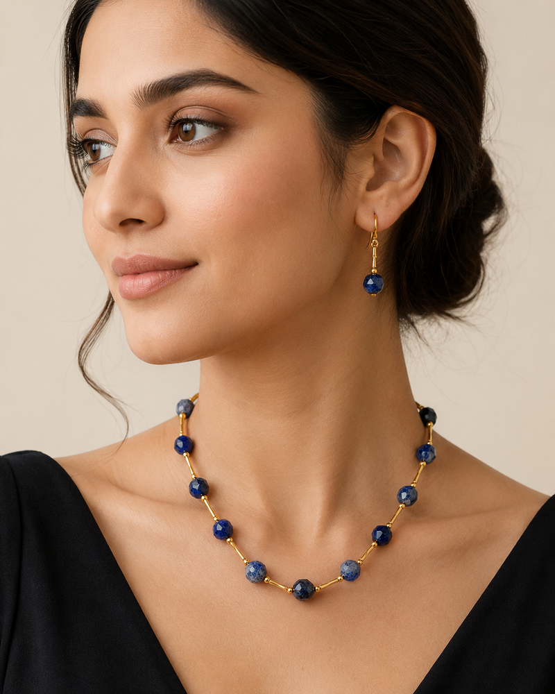 Sodalite beaded necklace and earring set, blue, faceted stone beads with gold-tone accents