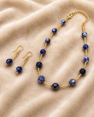 Sodalite beaded necklace and earring set, blue, faceted stone beads with gold-tone accents 1