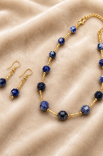 Sodalite beaded necklace and earring set, blue, faceted stone beads with gold-tone accents
