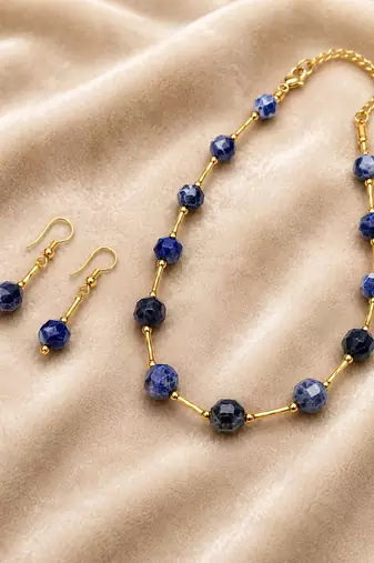 Sodalite beaded necklace and earring set, blue, faceted stone beads with gold-tone accents