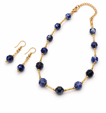 Sodalite beaded necklace and earring set, blue, faceted stone beads with gold-tone accents 3