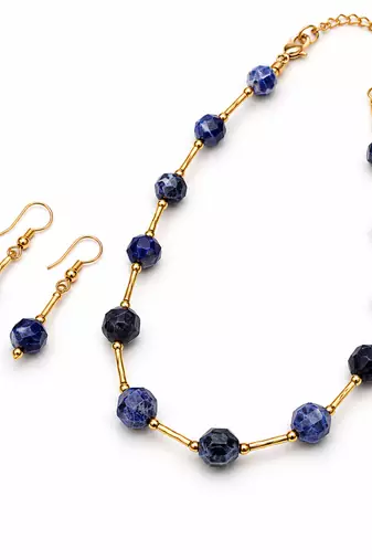Sodalite beaded necklace and earring set, blue, faceted stone beads with gold-tone accents