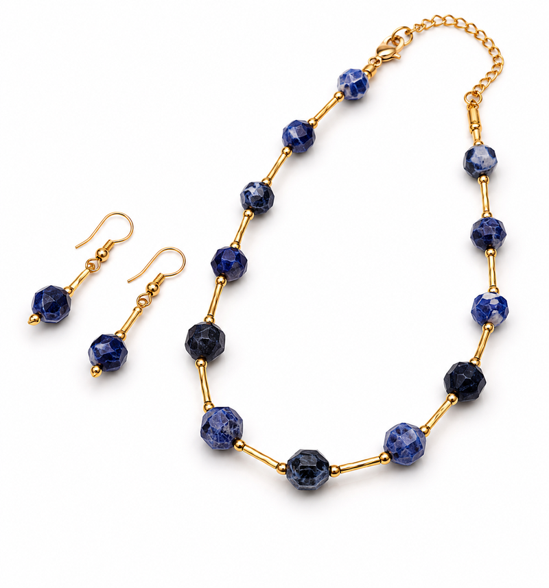 Sodalite beaded necklace and earring set, blue, faceted stone beads with gold-tone accents