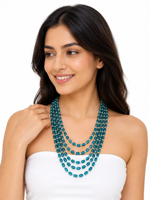 Teal blue multi-layer glass beaded necklace, 5-strand oval beads with pearl accents, statement jewellery 1