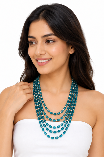 Teal blue multi-layer glass beaded necklace, 5-strand oval beads with pearl accents, statement jewellery
