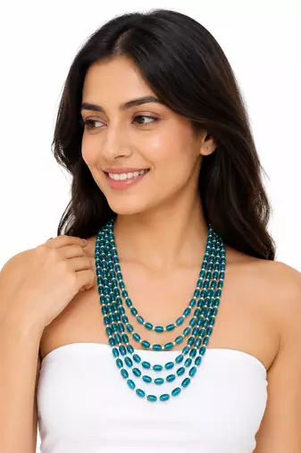 Teal blue multi-layer glass beaded necklace, 5-strand oval beads with pearl accents, statement jewellery