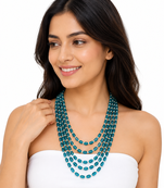 Teal blue multi-layer glass beaded necklace, 5-strand oval beads with pearl accents, statement jewellery