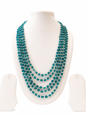 Teal blue multi-layer glass beaded necklace, 5-strand oval beads with pearl accents, statement jewellery 2