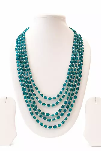 Teal blue multi-layer glass beaded necklace, 5-strand oval beads with pearl accents, statement jewellery