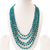 Teal blue multi-layer glass beaded necklace, 5-strand oval beads with pearl accents, statement jewellery