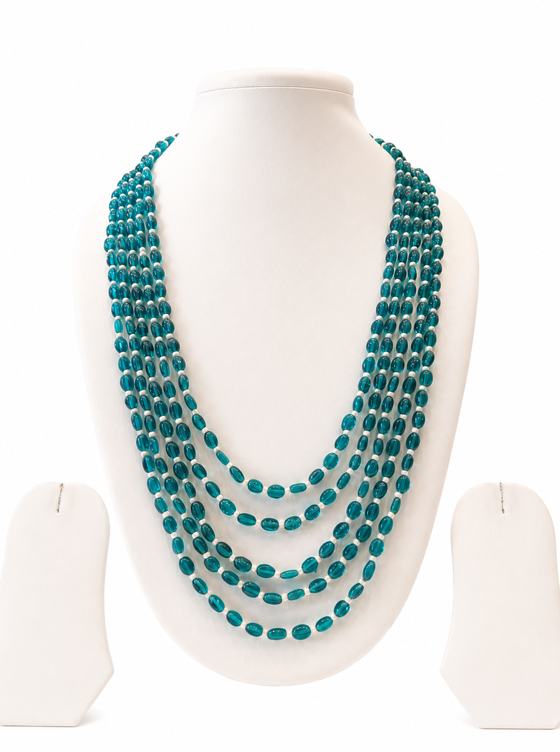 Teal blue multi-layer glass beaded necklace, 5-strand oval beads with pearl accents, statement jewellery