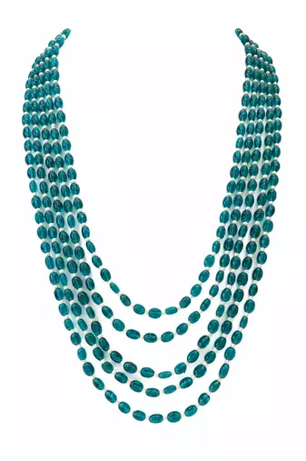 Teal blue multi-layer glass beaded necklace, 5-strand oval beads with pearl accents, statement jewellery