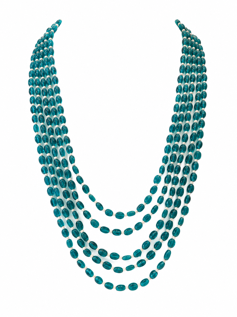 Teal blue multi-layer glass beaded necklace, 5-strand oval beads with pearl accents, statement jewellery
