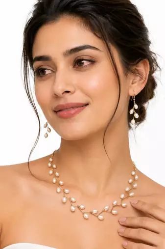 White freshwater pearl necklace and earring set, gold wire branch design, bridal jewellery
