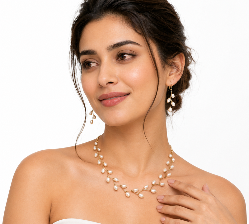 White freshwater pearl necklace and earring set, gold wire branch design, bridal jewellery