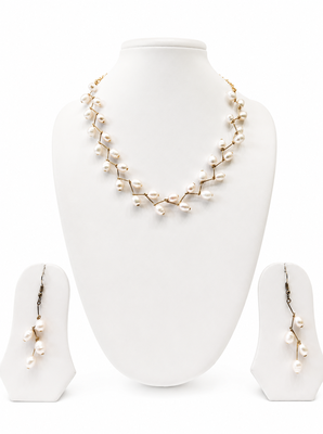 White freshwater pearl necklace and earring set, gold wire branch design, bridal jewellery 3