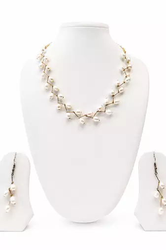 White freshwater pearl necklace and earring set, gold wire branch design, bridal jewellery