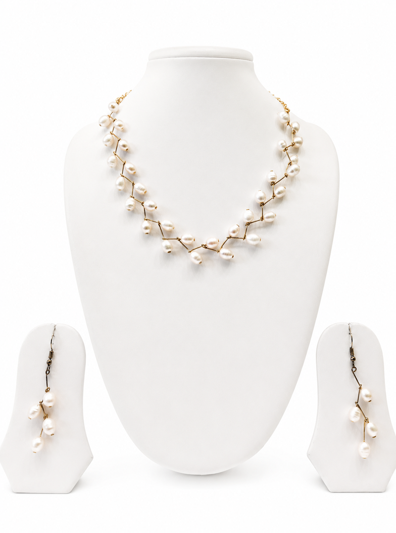 White freshwater pearl necklace and earring set, gold wire branch design, bridal jewellery