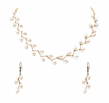 White freshwater pearl necklace and earring set, gold wire branch design, bridal jewellery 1