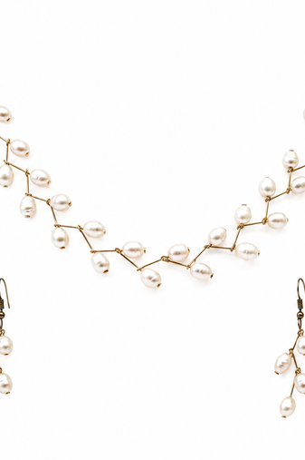 White freshwater pearl necklace and earring set, gold wire branch design, bridal jewellery