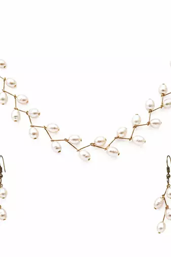 White freshwater pearl necklace and earring set, gold wire branch design, bridal jewellery