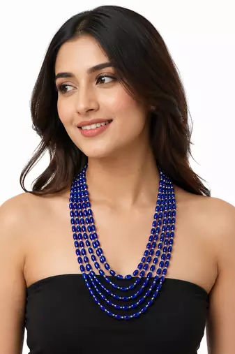 Blue oval beaded multi-layer necklace, 5 strand cascading design with silver spacers
