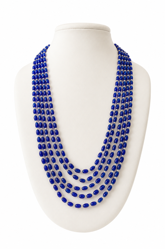 Blue oval beaded multi-layer necklace, 5 strand cascading design with silver spacers