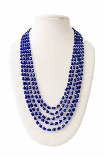 Blue oval beaded multi-layer necklace, 5 strand cascading design with silver spacers