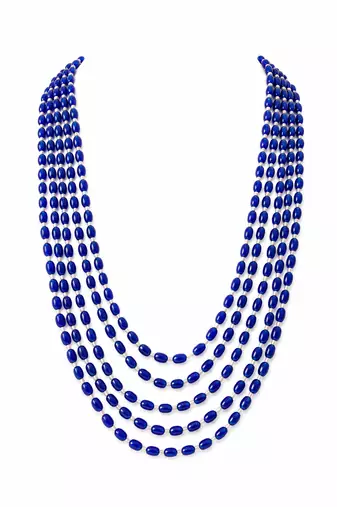 Blue oval beaded multi-layer necklace, 5 strand cascading design with silver spacers