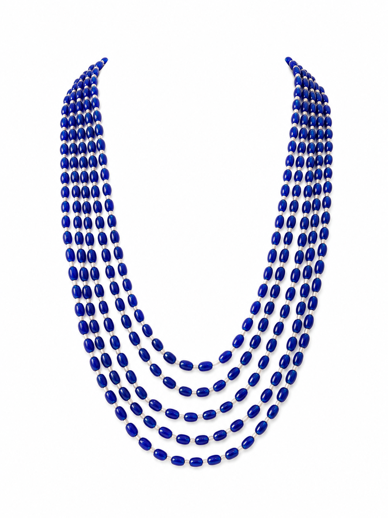 Blue oval beaded multi-layer necklace, 5 strand cascading design with silver spacers