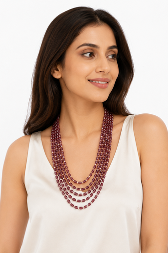 Multi-layer purple beads maala necklace, oval glass beads with pearl spacers, 22 inches