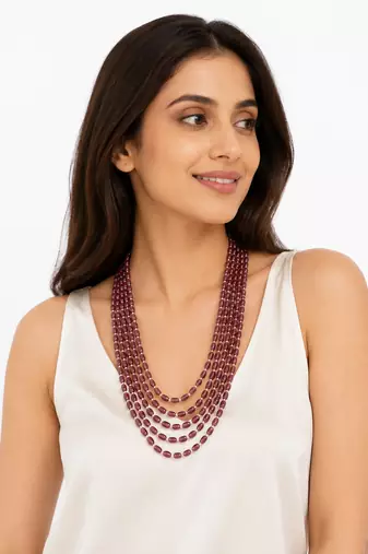 Multi-layer purple beads maala necklace, oval glass beads with pearl spacers, 22 inches