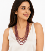 Multi-layer purple beads maala necklace, oval glass beads with pearl spacers, 22 inches