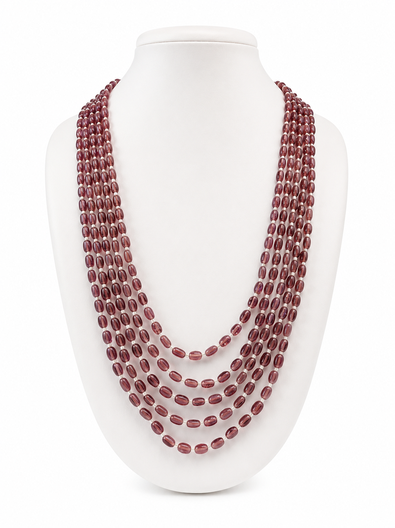 Multi-layer purple beads maala necklace, oval glass beads with pearl spacers, 22 inches