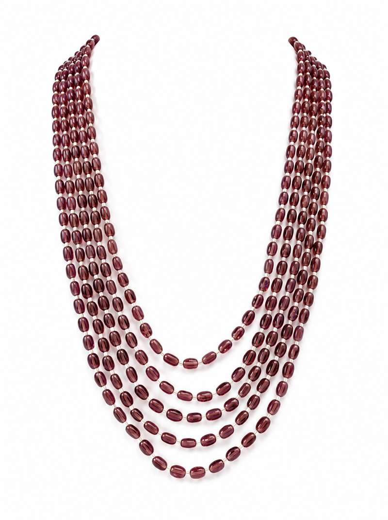 Multi-layer purple beads maala necklace, oval glass beads with pearl spacers, 22 inches