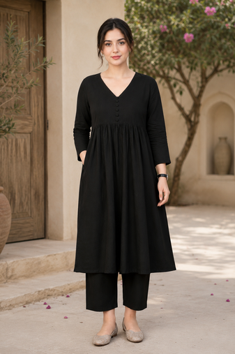 Women's black button rayon a-line kurta pant set