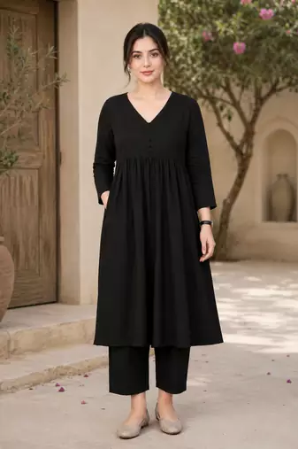 Women's black button rayon a-line kurta pant set