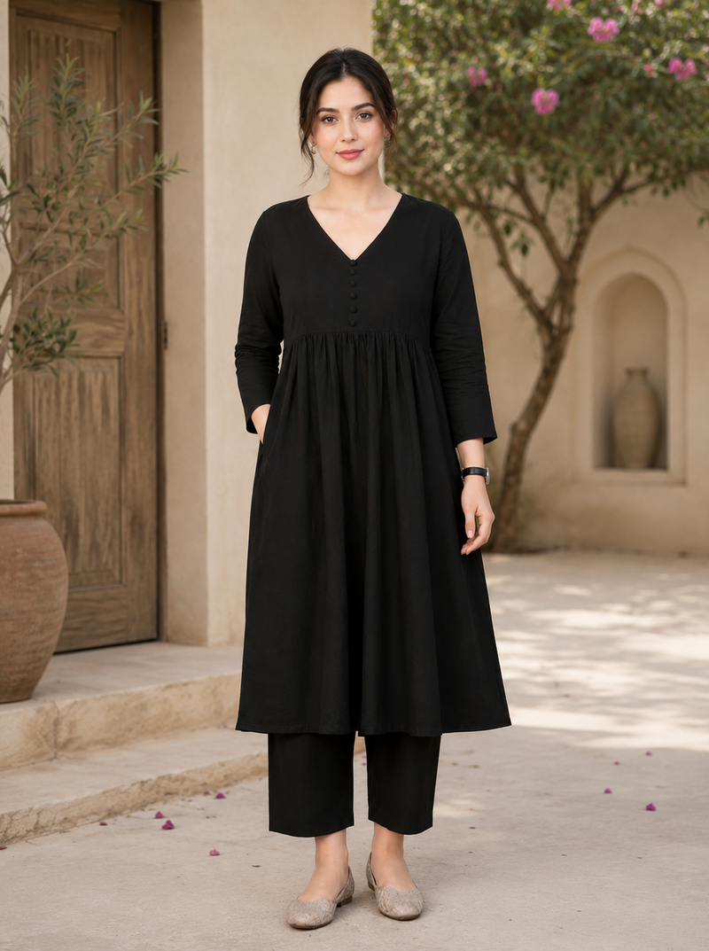 Women's black button rayon a-line kurta pant set