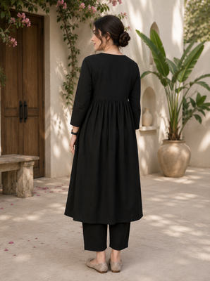 Women's black button rayon a-line kurta pant set 2