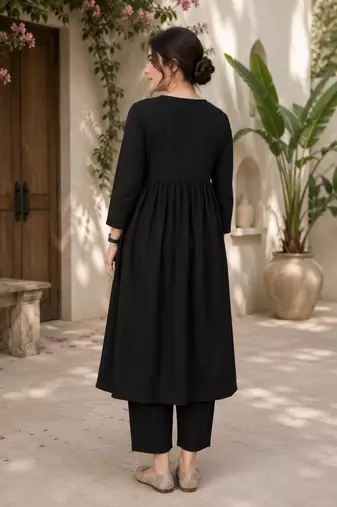 Women's black button rayon a-line kurta pant set