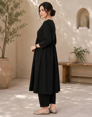 Women's black button rayon a-line kurta pant set 3